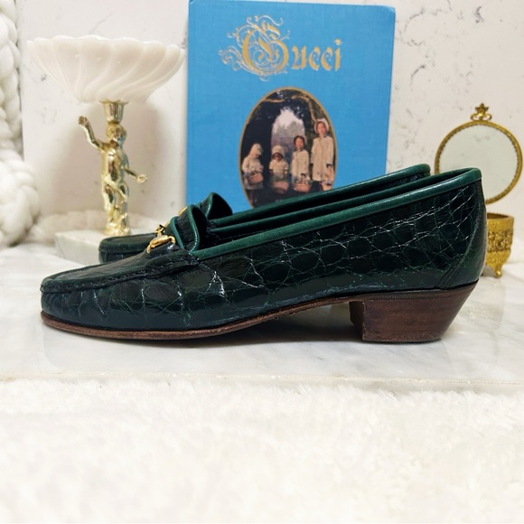 Authentic Gucci RARE 1970’s Vintage Dark Emerald Green Crocodile Leather Loafers - Picture 6 of 13